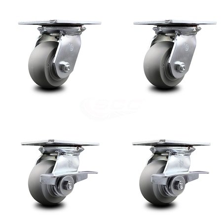 Service Caster 4 Inch Thermoplastic Rubber Swivel Caster Set with Roller Bearings 2 Brakes SCC SCC-35S420-TPRRD-2-SLB-2